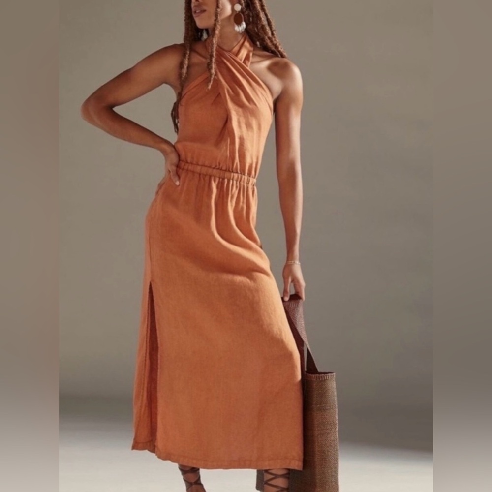 Anthropologie One-Shoulder Rust-Orange Maxi Dress